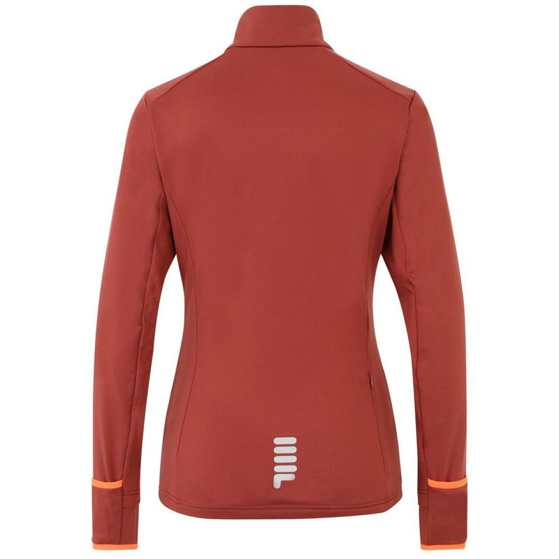 Burgundy polyester zip-up sweatshirt by Fila, shown from the back with orange cuff accents