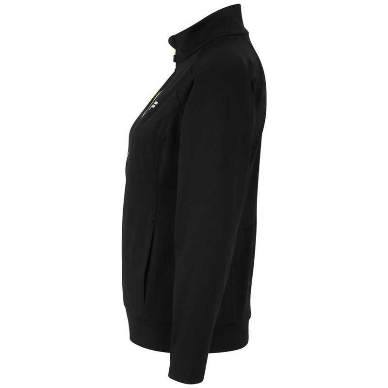 Black polyester Fila zip-up sweatshirt with a high collar, viewed from the side