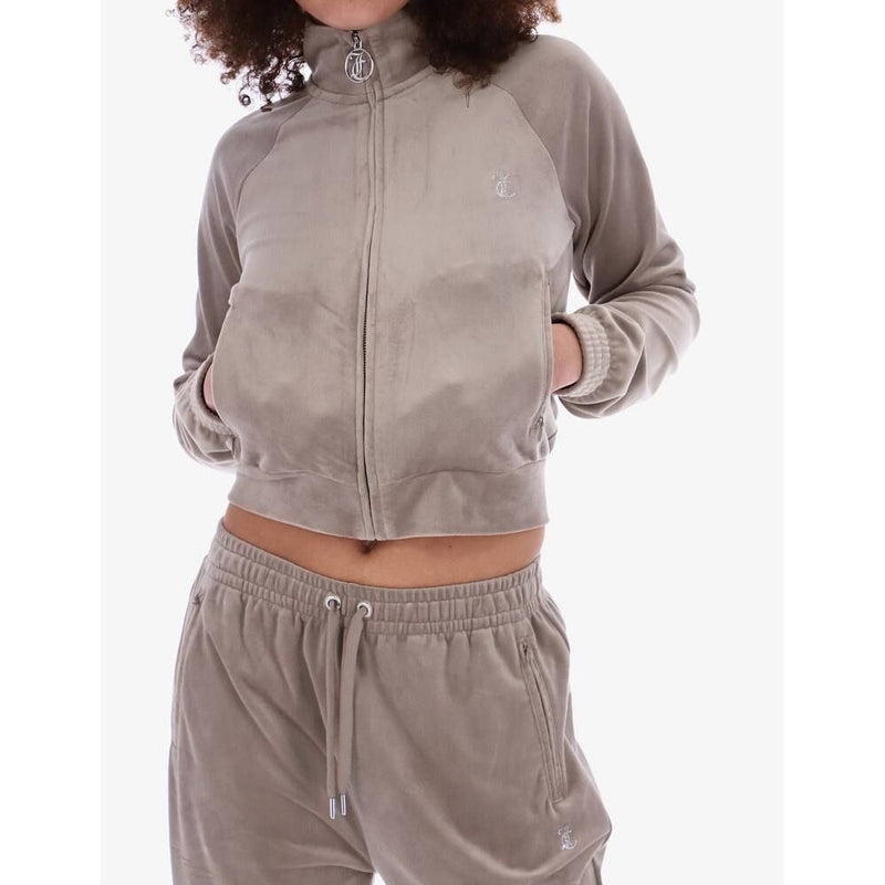 Brown velour zip-up sweatshirt with a high collar and pockets