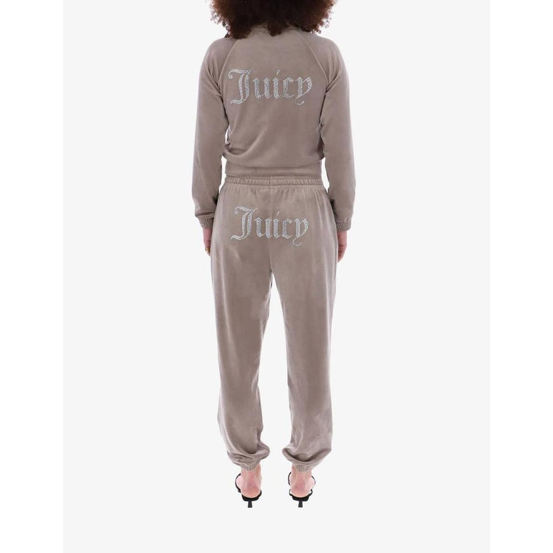 Juicy Couture brown velour tracksuit featuring a long-sleeve sweatshirt and matching sweatpants with rhinestone logo text
