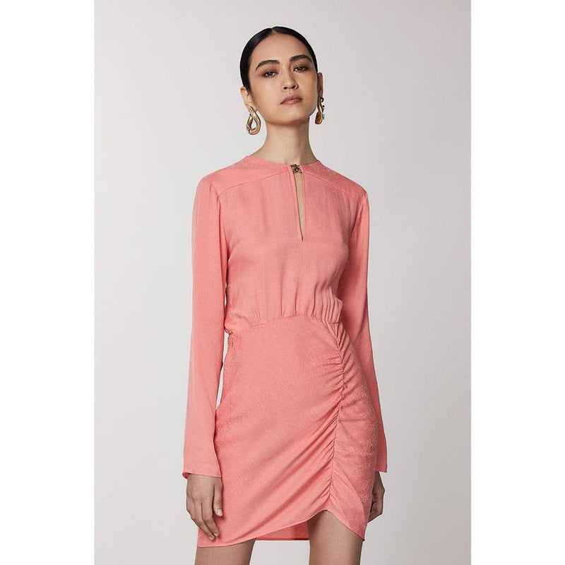Pink copper casual long-sleeve mini dress with a keyhole neckline and ruched side detailing