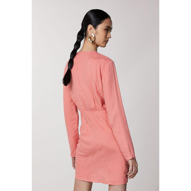 Patrizia Pepe pink copper satin long sleeve casual mini dress worn by a model