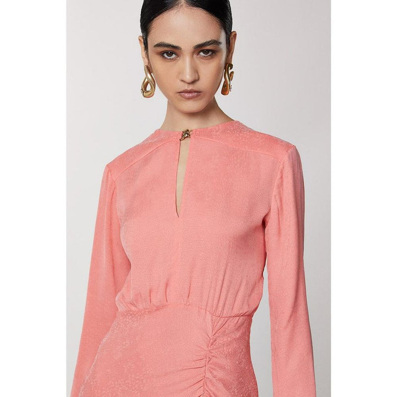 Pink copper casual silk dress with keyhole neckline and ruching