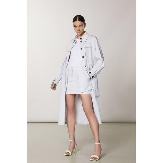 Patrizia Pepe purple cotton mini skirt worn by a model in matching coat