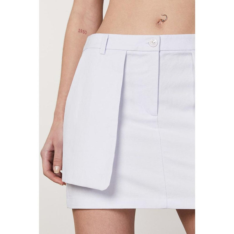 Light purple cotton mini skirt with a tailored overlay panel and front button closure