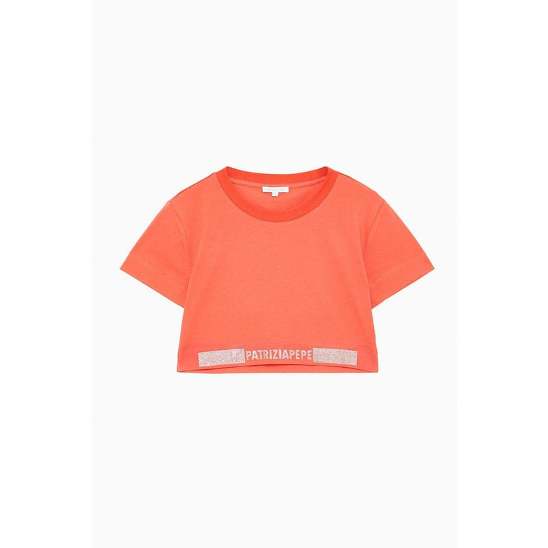 Bright pink cotton crop top with short sleeves and a branded sparkling hemline