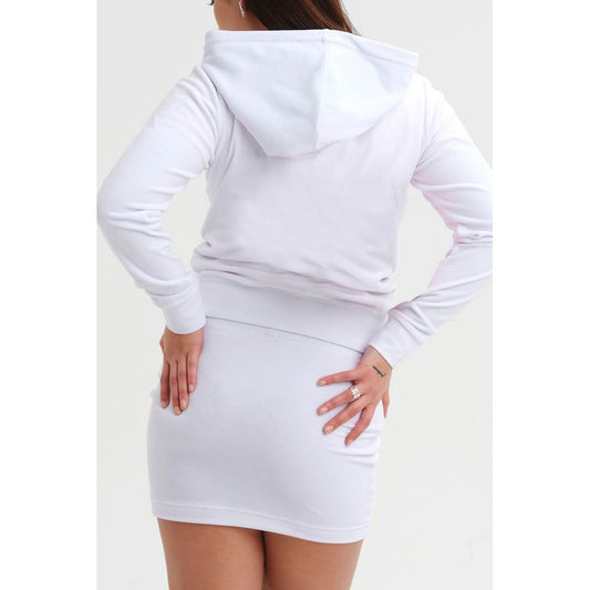 Juicy Couture white velour zip-up hoodie paired with a matching white mini skirt