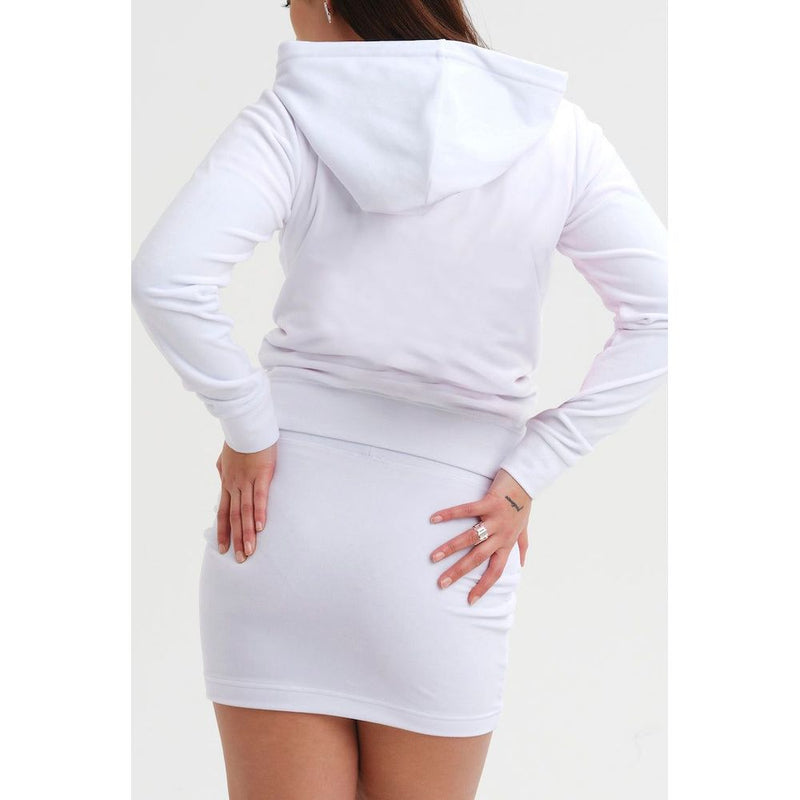 Juicy Couture white velour zip-up hoodie paired with a matching white mini skirt