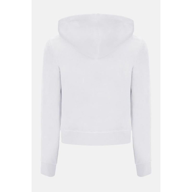 White polyester hooded sweatshirt viewed from the back