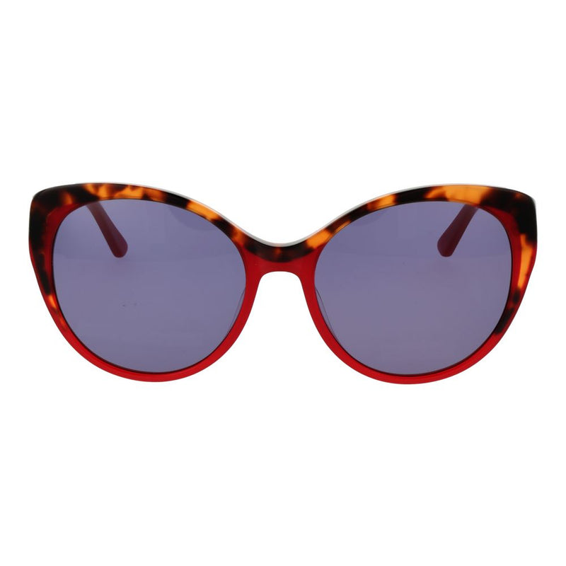 Tortoiseshell and red plastic cat-eye sunglasses with purple lenses