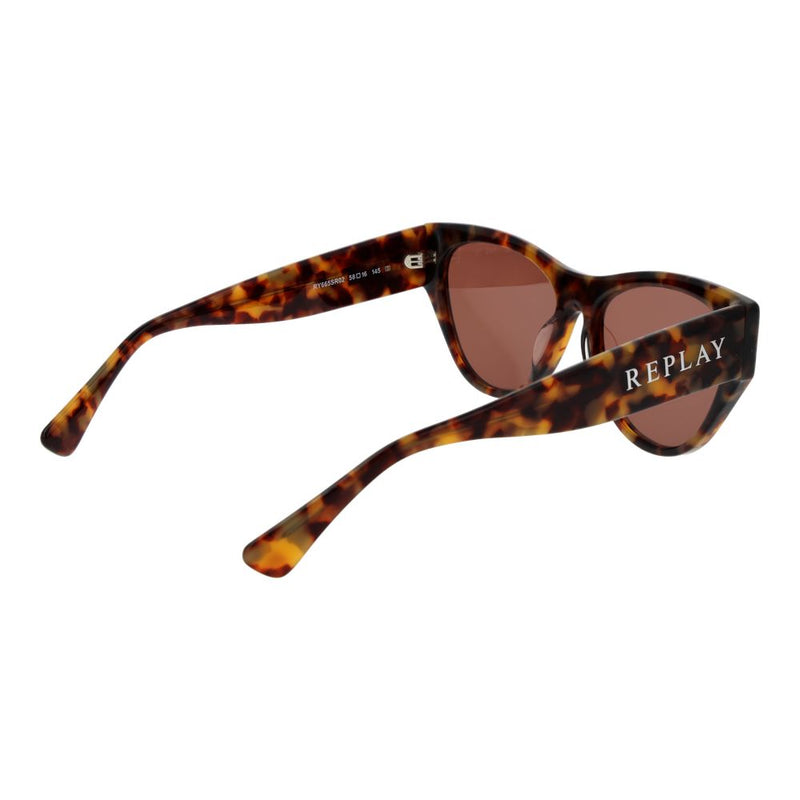 Tortoise shell plastic sunglasses with brown lenses and Replay logo on temple