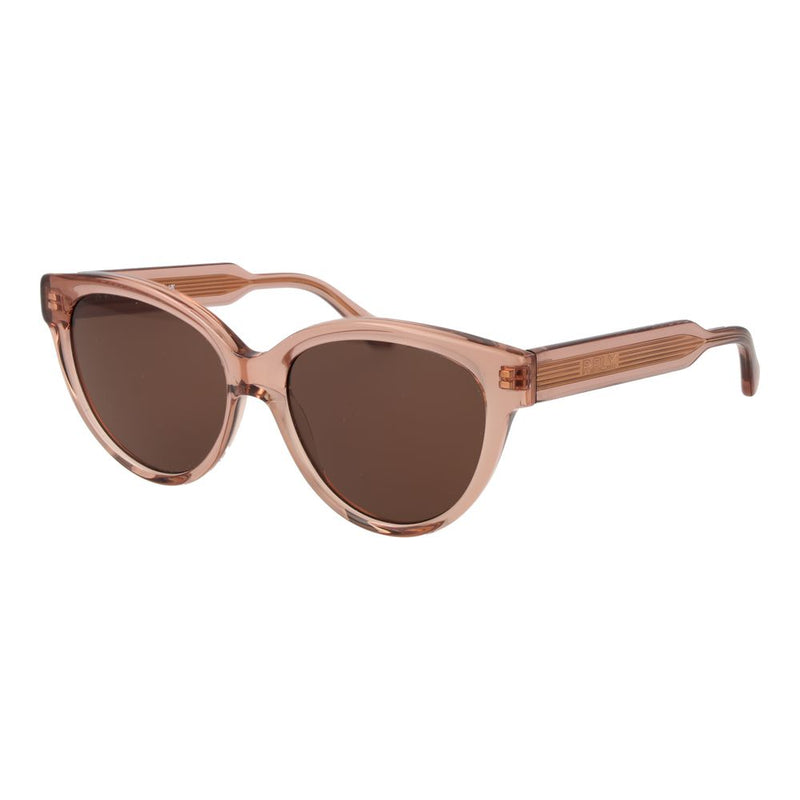 Translucent pink plastic cat-eye sunglasses with brown lenses