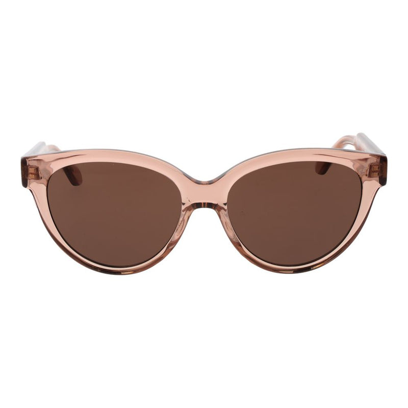 Translucent pink plastic sunglasses with brown tinted lenses in a classic cat eye style
