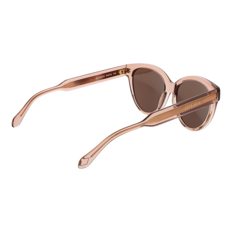 Replay translucent pink plastic sunglasses with round frames and brown tinted lenses viewed from the rear right