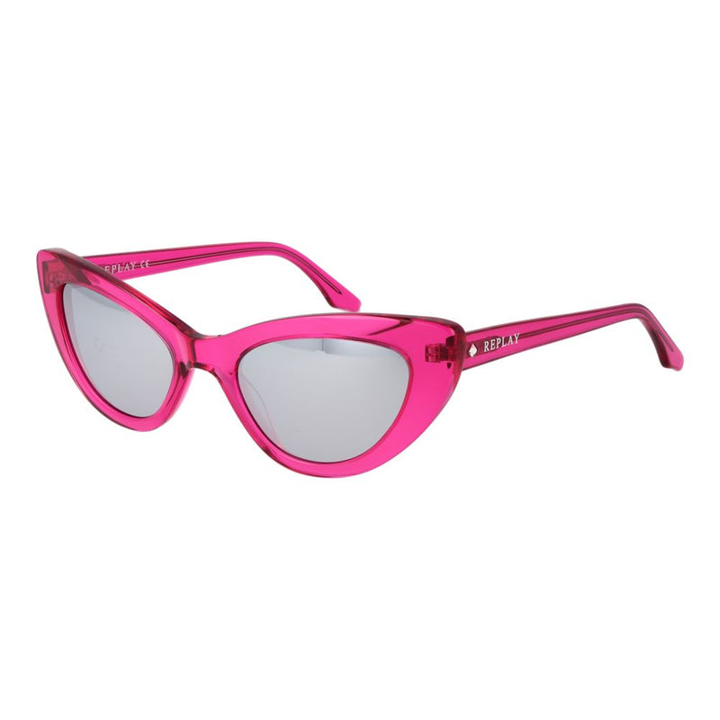 Translucent hot pink plastic cat-eye sunglasses with silver reflective lenses