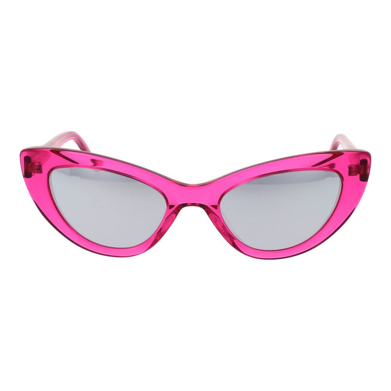 Translucent pink plastic cat-eye sunglasses with tinted lenses