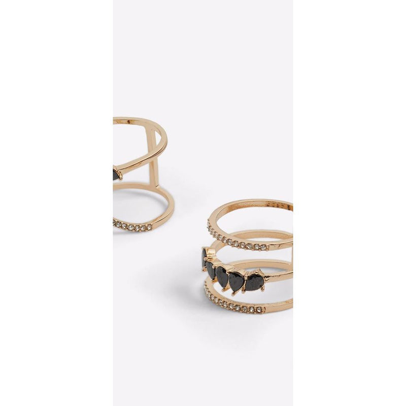 Gold metal multi-band ring with black heart charms and crystal inlay