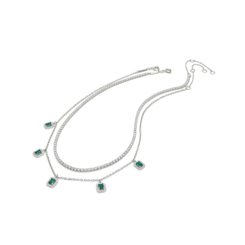 Silver layered necklace with green and clear crystal gemstone pendants