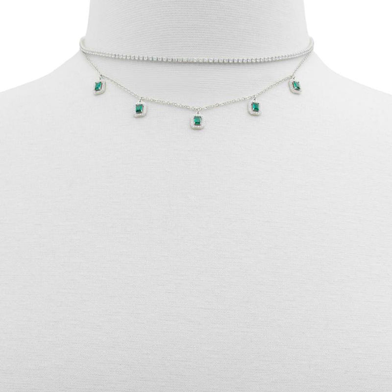 Silver double-strand choker necklace with sparkling crystals and green emerald-cut dangling charms