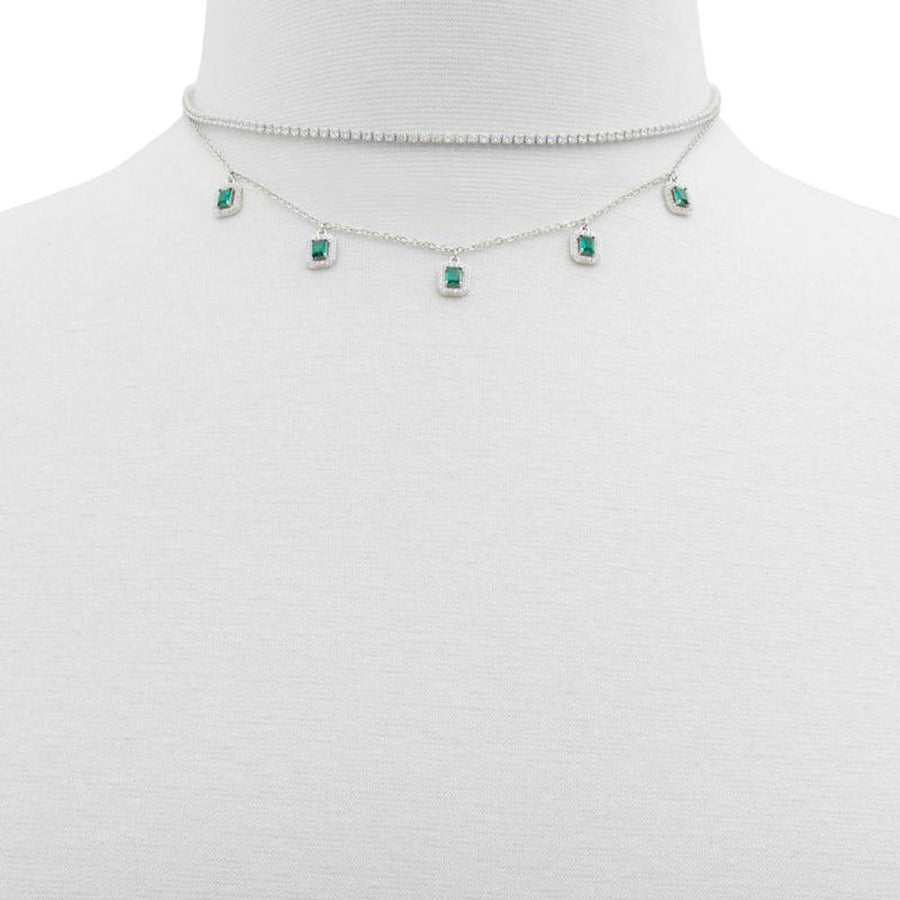 Silver layered necklace with green and clear crystal gemstone pendants