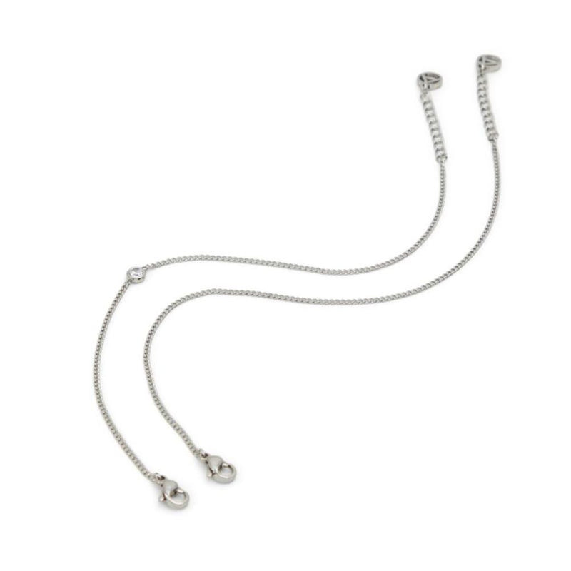 Two delicate silver chain bracelets with clasp closures and crystal accents on a white background