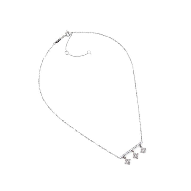 Silver-tone metal chain necklace with a horizontal bar and three hanging crystal flower charms