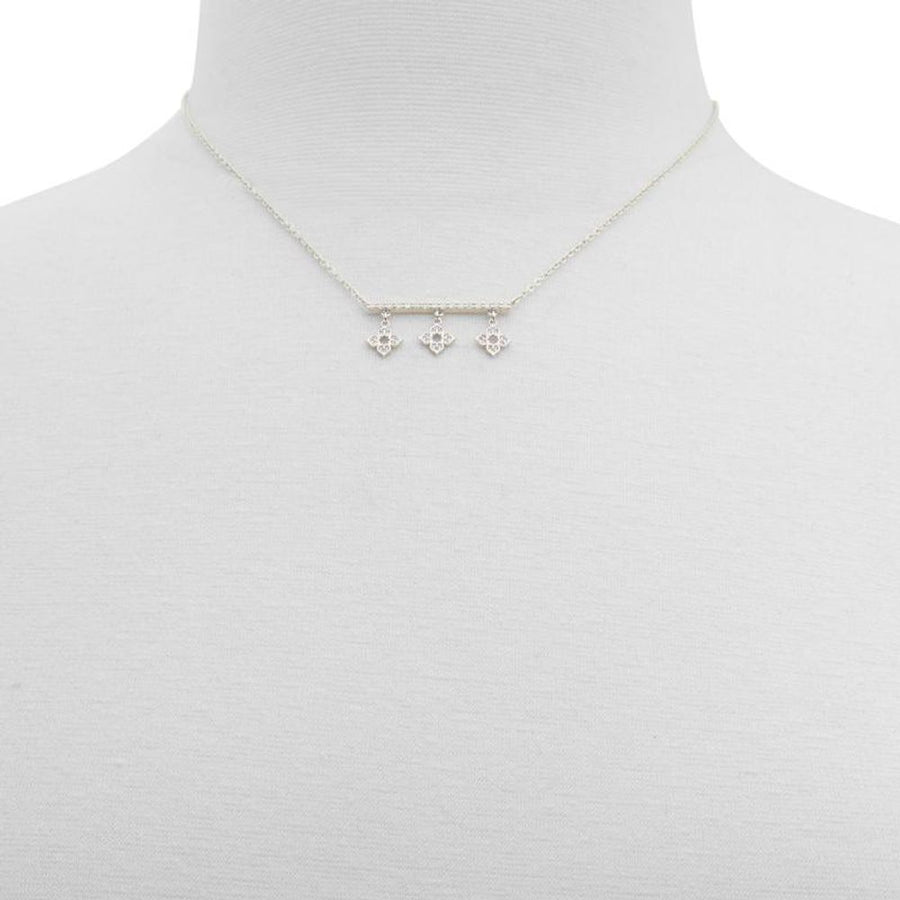 Silver-tone metal chain necklace with a horizontal bar and three hanging crystal flower charms