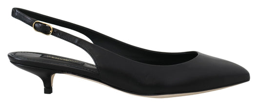 Dolce & Gabbana black leather slingback pumps with a pointed toe and low kitten heel with a gold buckle strap.