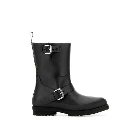 Stella McCartney black polyester mid-calf moto boots with silver-tone buckles and a chunky lug sole.