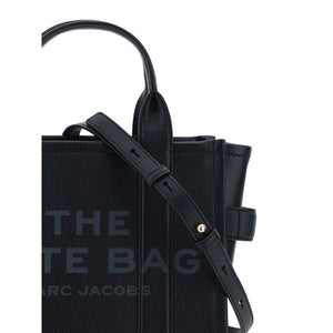 Marc Jacobs black calf leather handbag with top handles and adjustable strap.