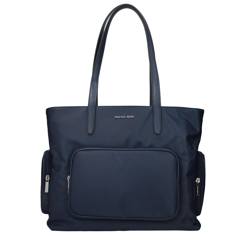 Navy blue fabric Michael Kors shoulder bag with dual top handles and exterior zippered pockets