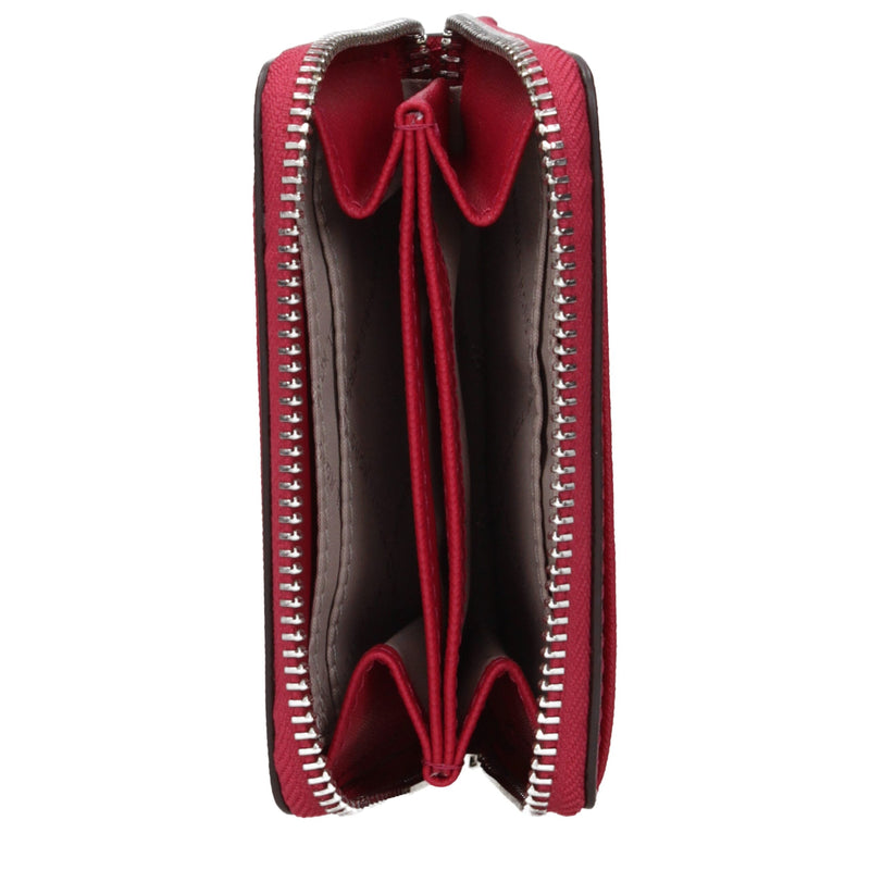 Open red leather zip-around cardholder showing internal accordion compartments