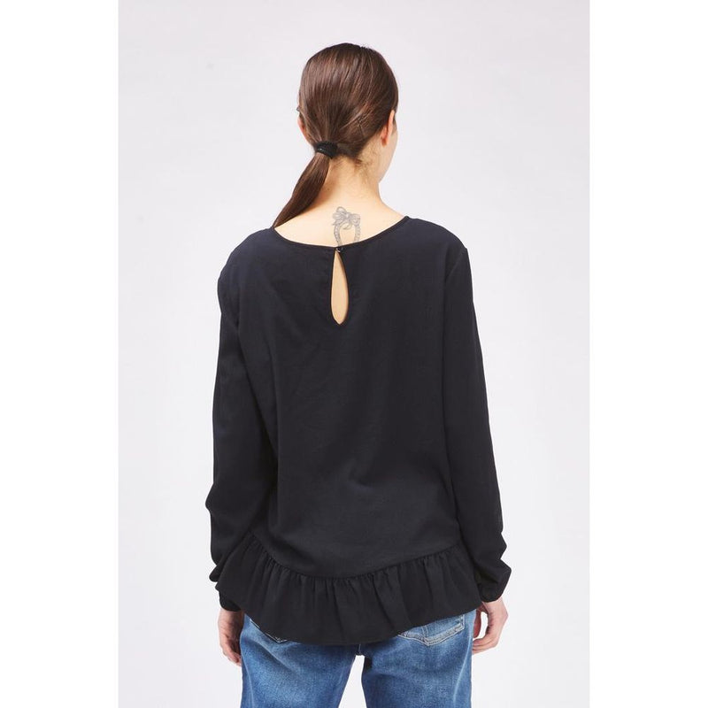Black polyester long sleeve t-shirt with a keyhole back and ruffled hem