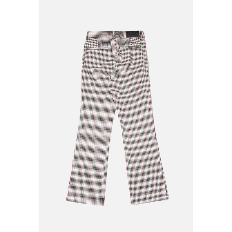 Black, red, and white plaid polyester trousers viewed from the back