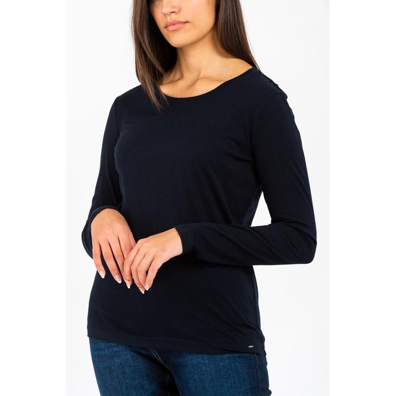Dark blue cotton long sleeve t-shirt with a scoop neck worn by a model