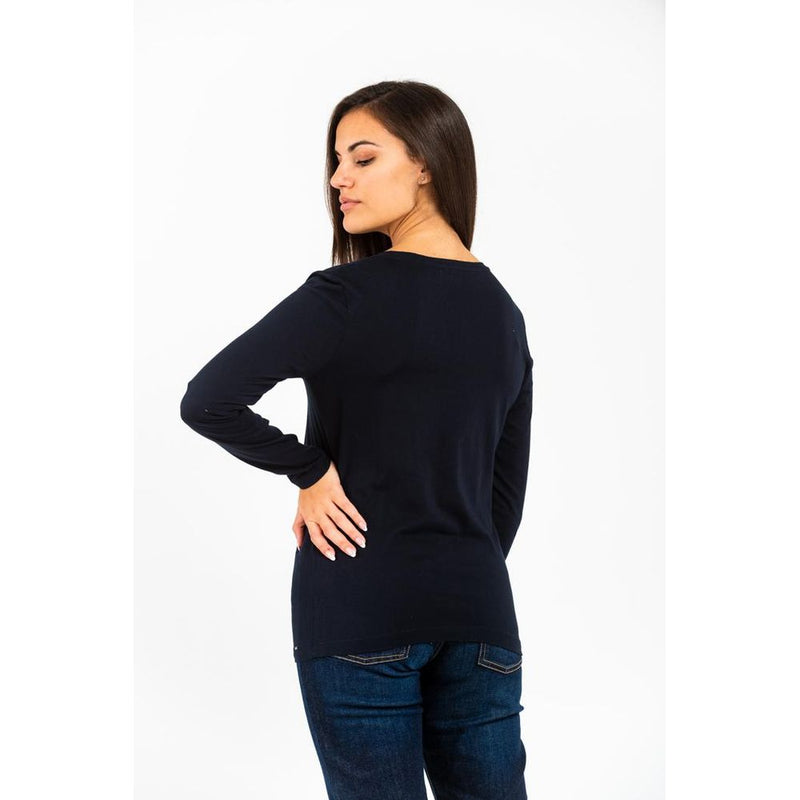 Gas blue cotton long sleeve t-shirt worn with dark jeans