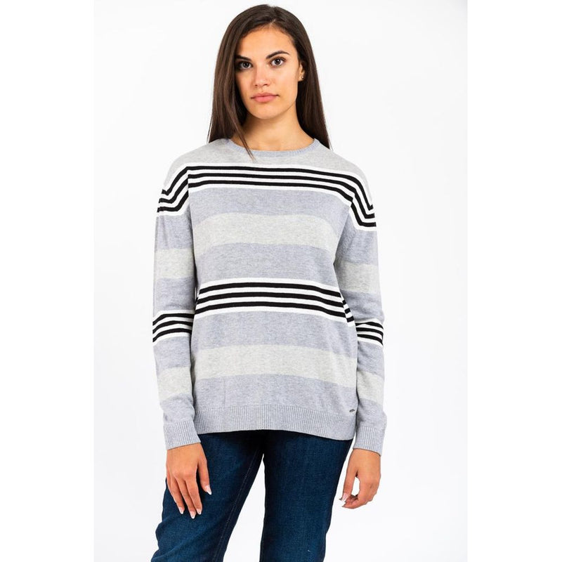 Gray and cream striped cotton sweatshirt with a crew neck worn by a model