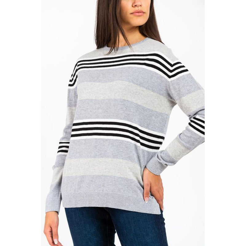 Grey cotton sweatshirt with horizontal black and white stripes
