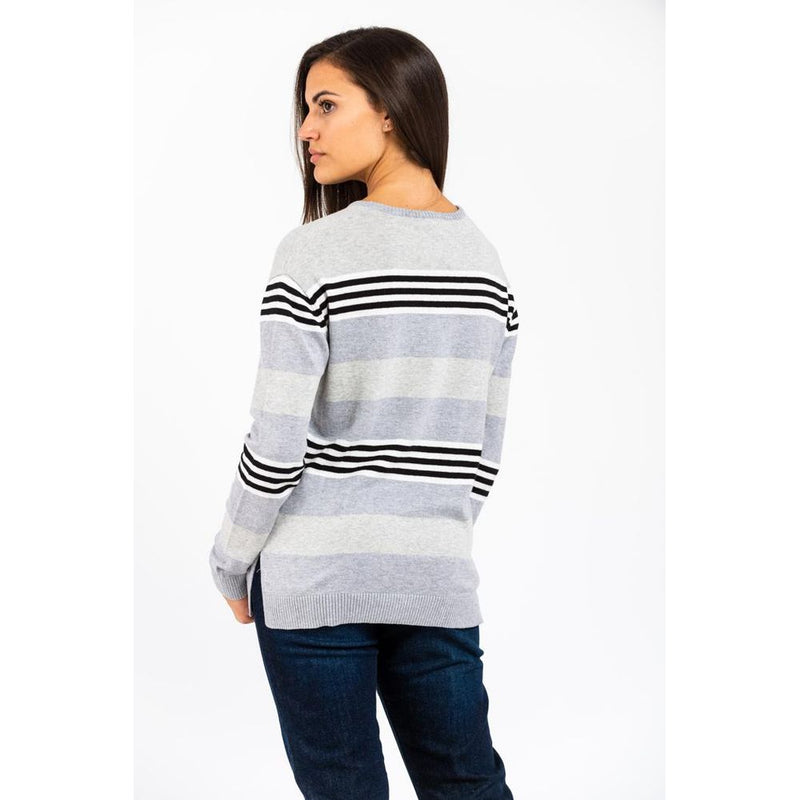 Grey knit cotton crewneck sweater with black and white horizontal stripes on the back and sleeves
