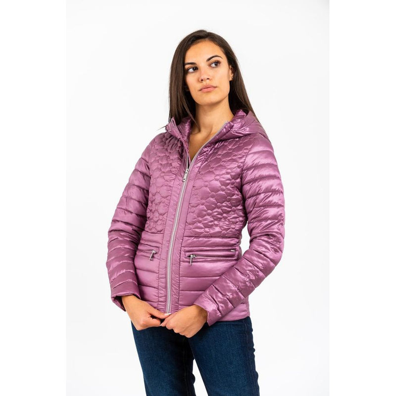 Gas pink polyester quilted parka with a hood and zippered pockets