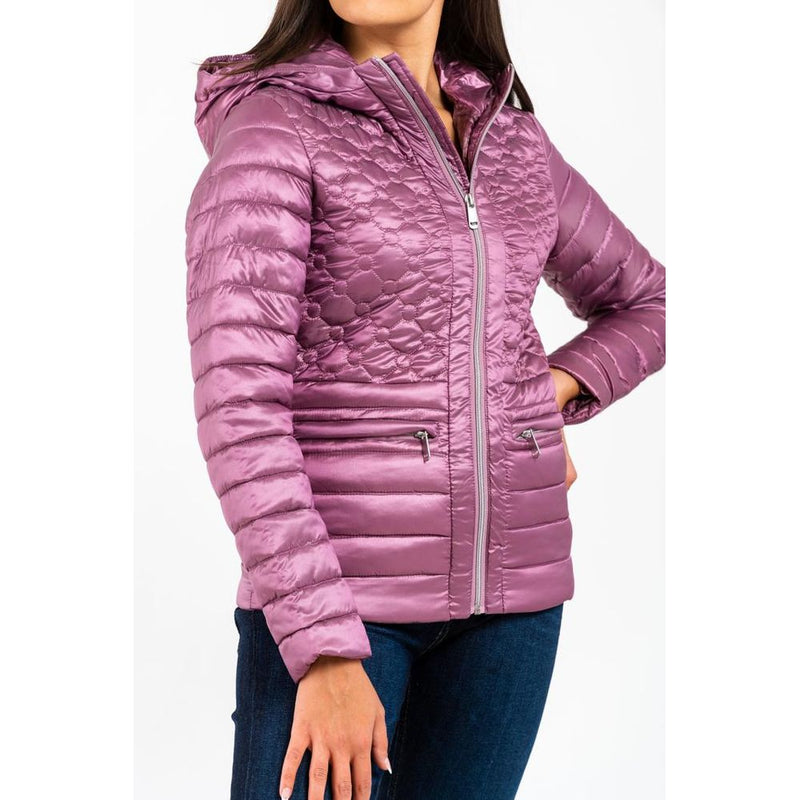 Glossy pink polyester hooded parka with quilted pattern and zippered pockets