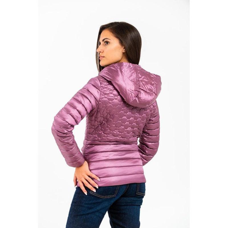 Gas pink polyester hooded parka with quilted pattern and horizontal baffles