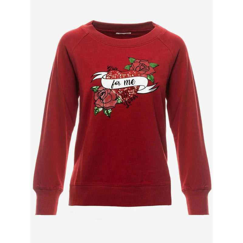 Red cotton crewneck sweatshirt with sequined heart and rose graphic on chest