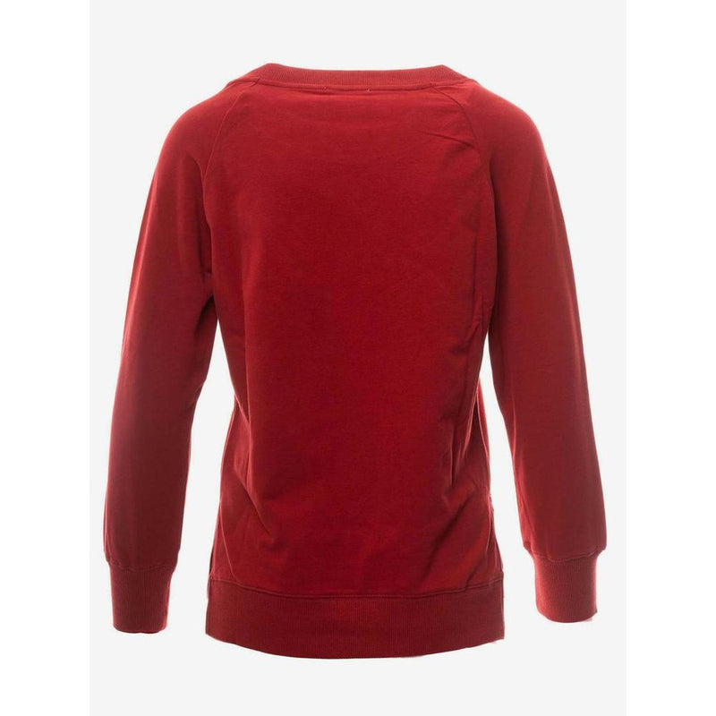 Back of red cotton crewneck sweatshirt with long sleeves and ribbed cuffs