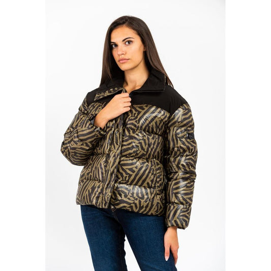 Gas green and black polyamide puffer parka with a zebra print pattern worn by a woman