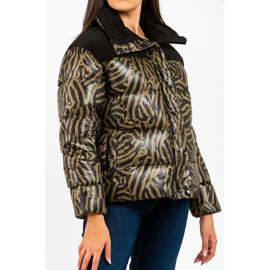 Gas green and black polyamide puffer parka with a zebra print pattern
