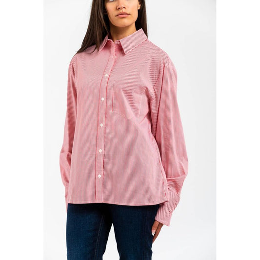 Red and white striped cotton long-sleeve button-down shirt