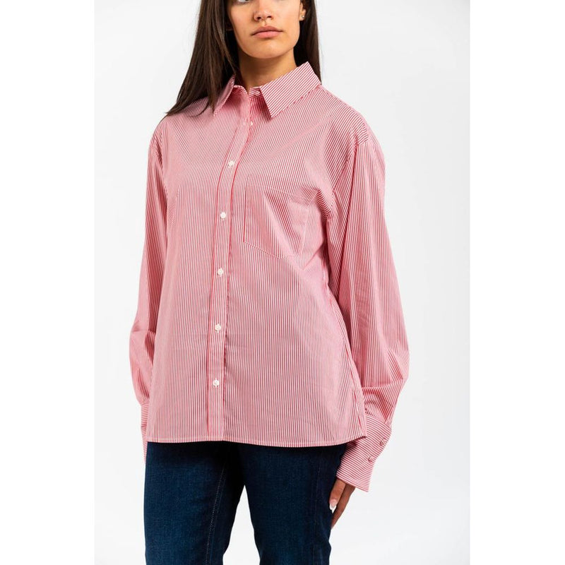 Red and white striped cotton long-sleeve button-down shirt