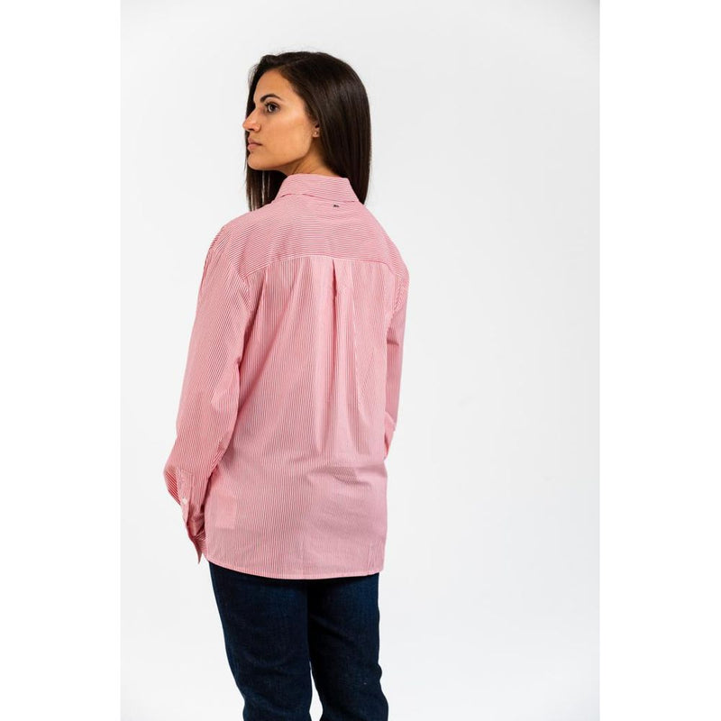 Gas red and white striped cotton long-sleeve button-down shirt worn with jeans