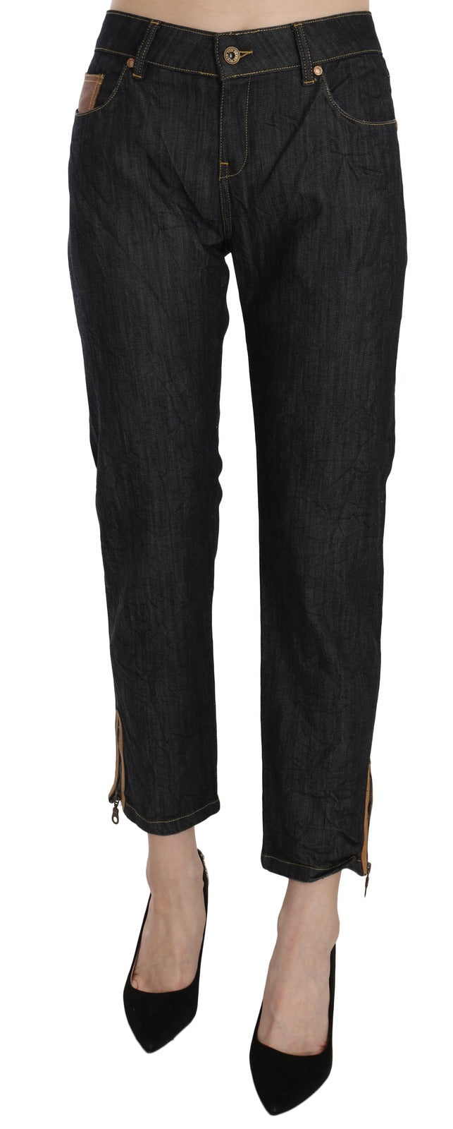 Dark blue cotton denim high-waist straight cropped trouser jeans with ankle zips